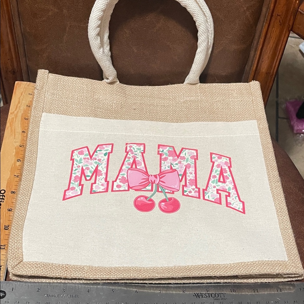 Mama Canvas Tote Bag - Tan and White